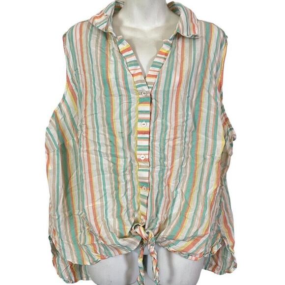 Foxcroft Womens Fox Croft Striped Linen Sleeveless Tie Front Button Up Top 24W - Picture 1 of 16
